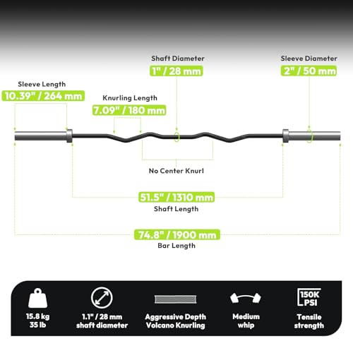 HANDBODE Olympic EZ Curl Bar 4 ft / 6.2 ft Barbell 2 Inch, 500lb / 700lb Capacity, Chrome Curling Bar for Weight Lifting, Biceps, Hip Thrusts, Squat, Home Gym Workouts - color: 6.2ft Curl Bar 35lb, Black & Silver