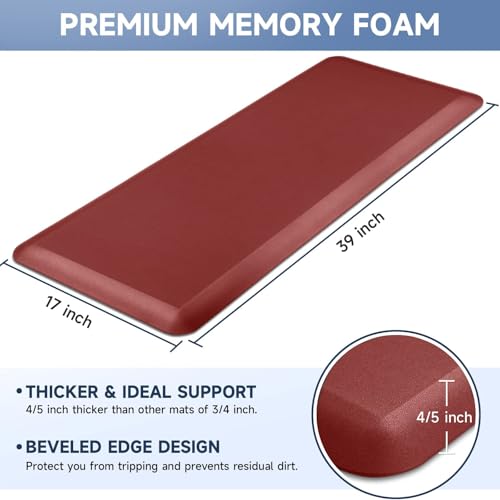 StepRite 4/5 Inch Thick Kitchen Mat Anti Fatigue Mat Kitchen Rugs Kitchen Decor Non-Slip, Stain & Water Resistant, Kitchen Mats Desk Mat for Kitchen, Office, Workshop, Red, 17'' x 39'' - color: Red, size: 39"L x 17"W x 0.8"Th