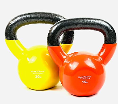 Vinyl Coated Cast Iron Kettlebell Weight - color: 15 LB + 20 LB - Orange/Yellow