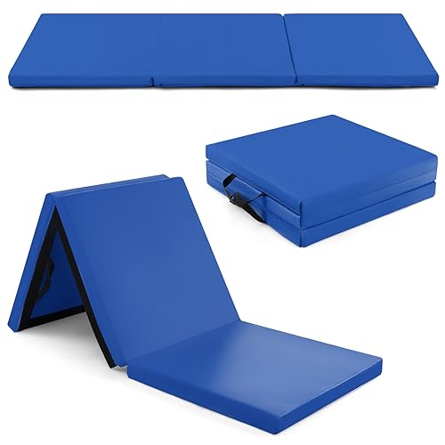Goplus Folding Gymnastics Mat, 6’ x 2’ x 2’’ Thick Tri-Fold Exercise Tumbling Mat w/Carrying Handles, Hook & Loop Fastener, Gym mats for Home Fitness Yoga Aerobics Workouts Martial Arts - color: Navy