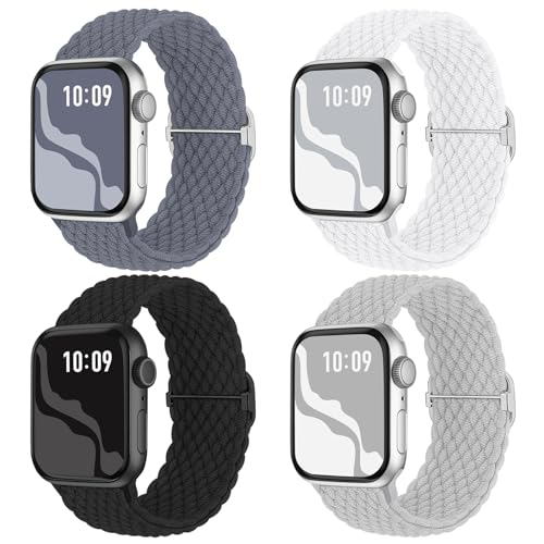 4 Pack Braided Stretchy Bands Compatible with Apple Watch 40mm 41mm 38mm 42mm 44mm 45mm 46mm 49mm Women Men, Breathable Nylon Elastic Daily Use Straps for iWatch Series 11/10 9 8 7 6 5 4 3 SE/Ultra 2 - color: Black/BlueGrey/White/Titan Gray, size: 42mm(se