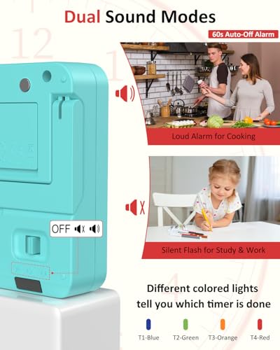Digital Kitchen Timer with 4 Channel, Loud Alarm and Silent Mode | Magnetic Cooking Timer with Count Up & Countdown for Kids and Seniors, Large Display to Read, Auto Memory, Battery Included - color: Mint Green