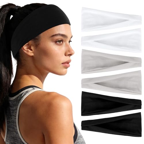 YARIEW 6Pcs Headbands Paisley Bandanas Head Bands Sweat Band Hair Wrap Headwrap Fashion Boho Wide Thick Workout Yoga Elastic Headbands Mens Cooling Running Sports Headband Sweatbands for Women and Men - color: Black, Gray, White