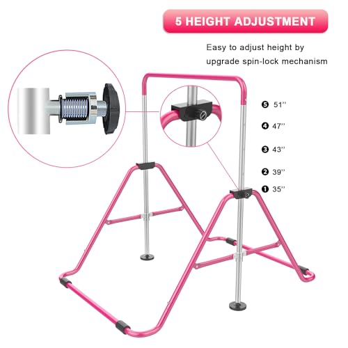 RINREA Gymnastic Bars for Kids, Adjustable Height Horizontal Bar for Home | 5-Height 35"-51", Foldable & Space-saving, Indoor Outdoor Training Kip Bar, with Gymnastics Rings & Gymnastics Pad - color: Pink with Mat