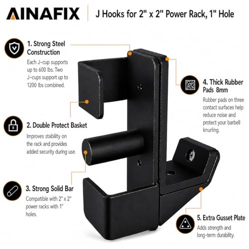 J Hooks for 2" x 2" Power Rack, Rubber Pad J-Hook for Power Cage, Bottom Reinforced Steel J Cups for Squat Rack, Heavy Duty Barbell Holder, Black - size: for 2"x2" Rack with 1" Hole