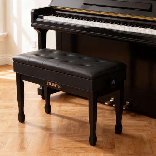 Adjustable Height Piano Bench with Storage, Solid Wood Duet Keyboard Stool, Waterproof Padded Seat Cushion, Multi-Use Bench for Piano, Vanity, Living Room, Bedroom XJ750-4(Black) - color: Black