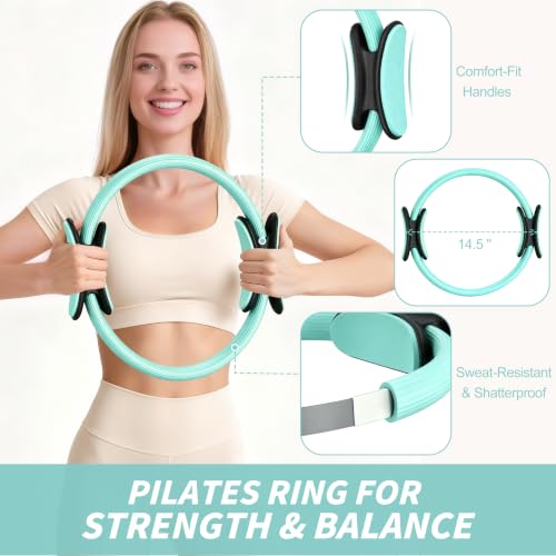 NANATI Pilates Kit, Home Pilates Workout Kit for Women, Pilates Equipment with 14.5" Pilates Ring and Ball, Resistance Bands, Ankle Weights, Sliders & Grip Socks for Home Workouts - color: Subtle Mint