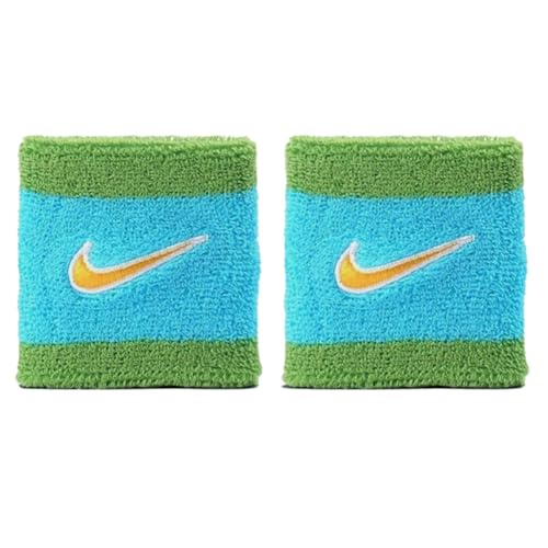 NIKE Premier Swoosh Singlewide Wristbands -Soft, Moisture-Wicking (1 Pair, 2.5" Wide) - color: Blue/Pear Green/Gold