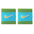 NIKE Premier Swoosh Singlewide Wristbands -Soft, Moisture-Wicking (1 Pair, 2.5" Wide) - color: Blue/Pear Green/Gold
