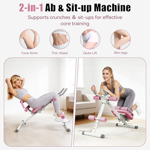 EPHESPORT Multifunctional Ab Machine, Crunch & Sit-Up Core Trainer, Adjustable Ab Trainer with Knee & Back Support, Foldable, Full Body Workout Equipment for Home Gym - color: Pink