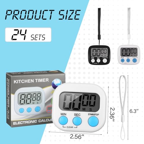 Weewooday 24 Pcs Small Digital Kitchen Timer Magnetic Back and Switch Minute Second Count up Countdown Big LCD Display Loud Alarm for Teacher Cooking Baking (Black,White) - color: Black, White