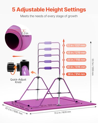 VEVOR Gymnastic Bars for Kids, 140 lbs Capacity Folding Training Kip Bar with Mat, 5 Adjustable Height Gymnastic Horizontal Bar Home, Training Equipment for Indoor Outdoor, Easy Assemble - color: Purple Mat