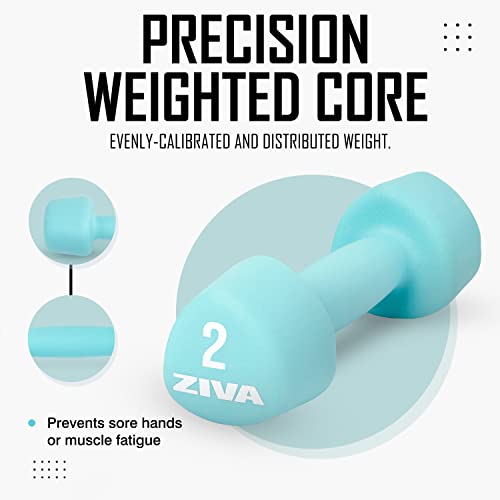 ZIVA Neoprene Tribell Dumbbell Pairs - Set of 2 Hand Weights, Non-Slip Durable Rubber Finish, No-Roll Design for Rigorous Exercise and Strength Training (Avail in 2-20 lb Pairs) - style: 2-lb, TQ