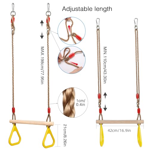 PELLOR Playground Children's Wooden Trapeze Swing Bar with Plastic Gym Rings Swing Set for Indoor & Outdoor Fun - color: Yellow