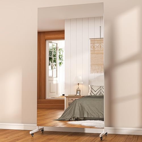 Hasipu 71" x 32" Large Full Length Rolling Mirror with Wheels, White | Tempered glass, sturdy metal frame, smooth rolling casters, removable stand, ideal for gym, bedroom, dance studio & yoga. - color: White, size: 71"L x 32"W