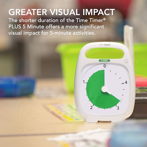 TIME TIMER PLUS 5 Minute Desk Visual Timer - Countdown Timer with Portable Handle for Classroom, Office, Homeschooling, Study Tool with Silent Operation (White) - size: 5-1/2 x 7 in, style: 5 Minutes