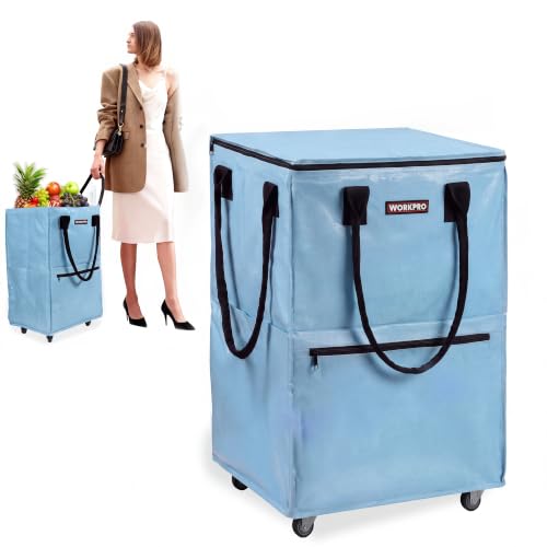 WORKPRO Large Rolling Grocery Bag, 36-Gallon Rolling Tote with 5 Wheels | 36-Gallon Capacity, Holds Up to 110 lbs, Large Rolling Tote with 5 Wheels for Shopping, Laundry, Moving & Back to School - color: Dusty Blue, size: Large