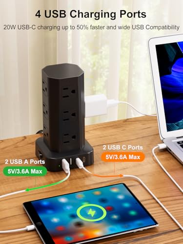 Power Strip Tower Surge Protector, 6FT Flat Plug Extension Cord with Multiple Outlets, 12 AC Outlets 4 USB (2 USB C), Desktop Charging Station with Surge Protection for Home Office Dorm Room, Black - color: Black, size: 6FT