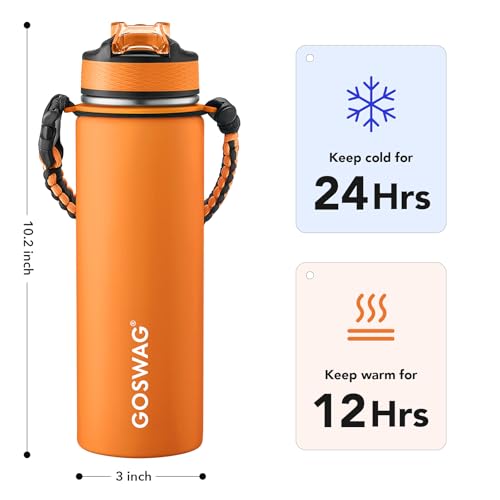 GOSWAG 24oz Insulated Stainless Steel Travel Water Bottle, 2 Lids | with straw and no straw, Paracord handle, Double-wall vacuum keeps drinks cold or hot, Leakproof tumbler - color: Matte Orange