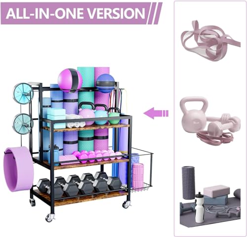 EasyCom Home Gym Storage, 4 Tier Large Capacity Rack for Dumbbells Kettlebells Foam Roller, Yoga Mat Strap and Resistance Bands, Exercise/Workout Equipment Storage Gym Organizer With Hooks and Wheels