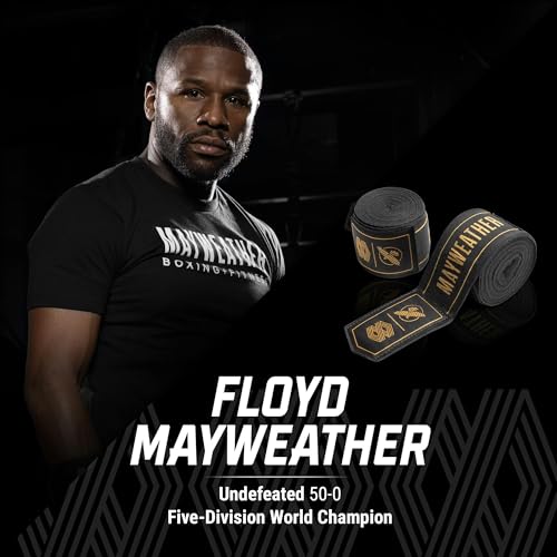Hayabusa Mayweather Stretch Hand Wraps for Men and Women, 180 inches - color: Black/Gold
