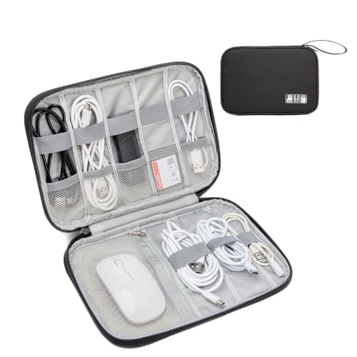 Cord Organizer Travel Case, Cable Organizer Bag for Chargers, USB Cables, Power Bank & Electronics Accessories, Portable Tech Organizer Pouch with Mesh Pockets, Water Resistant Travel Gear Bag - color: black, size: S