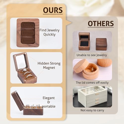 Walnut Ring Box 3 Slot - Clear Acrylic Window Display, Magnetic Closure Keepsake Jewelry Holder for Wedding Proposal Engagement Ceremony Anniversary Birthday Gift - color: A-Brown