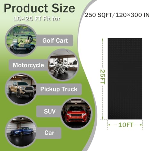 10x25 FT Black Garage Floor Mat, 2.8mm Thickened Flooring Roll for Under Car Diamond Plate PVC Rubber Mat with 20 Pcs Tapes, Non-Slip Floor Mat for Garage, Warehouse, Gyms, Trailer - color: Black, size: 10x25 FT
