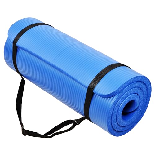 Signature Fitness Extra Thick High-Density Foam Yoga Mat – Multiple Thicknesses (1/2" & 1") / Multiple Colors – Double-Sided Non-Slip Surface – with Carrying Strap for Pilates, Yoga & Home Workouts - color: Blue