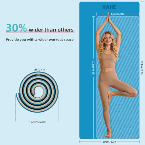 HAHE Wide Yoga Mat 72"x32"x0.4" Thick Pilates Mat with Carrying Strap | Exercise Mats for Home Workout, Wide Non-slip Exercise Mats, Double-Sided POE Fitness Mat for Yoga, Pilates & Travel - color: Blue+Milk Coffee