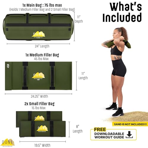 Sandbags for Working Out (Unfilled) - Enhance Your Fitness with Our Workout Sandbag, Versatile & Durable Sand Bags for Weight Training 15-75 lbs - Sandbags for Fitness Guide Included - color: Army Green