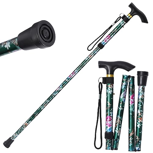 Walking Cane, Folding Cane for Man & Women, Portable Lightweight | 5-Level Adjustable Height, Collapsible Cane for Seniors Balancing Mobility Aid - color: Green Flowers