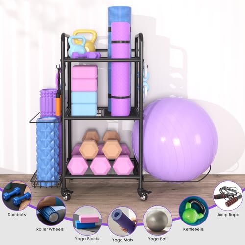 Home Gym Storage Rack Exercise Equipment Storage Organizer for Yoga Mat Dumbbells Kettlebells Foam Roller Yoga Strap & Resistance Bands, Ideal Yoga Mat Holder & Workout Equipment Organizer - color: Black