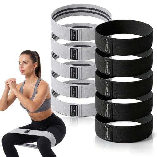 10 Pcs Fabric Resistance Bands for Working Out, Non Slip Fabric Elastic Leg Bands for Exercise, Booty Bands for Women Men, Hip Thigh Glute Bands Set for Squat Stretch Yoga (Black & Light Gray)