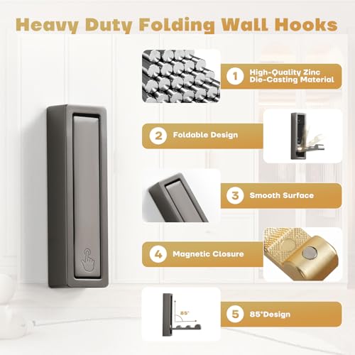 Folding Wall Hook, 4Pcs Foldable Coat Hooks Mounted, Heavy Duty Zinc Alloy No Rust Fold Up Hooks for Hanging Coat, Towel, Key, Hat, Bag, Jacket, Backpack (Gray) - color: Gray, size: 4