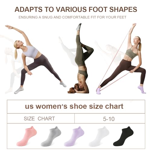 5 Pairs Pilates Socks with Grips for Women Non Slip Grip Yoga Crew Socks for Barre Hospital Barefoot - color: A - Purple White Pink Gray Black