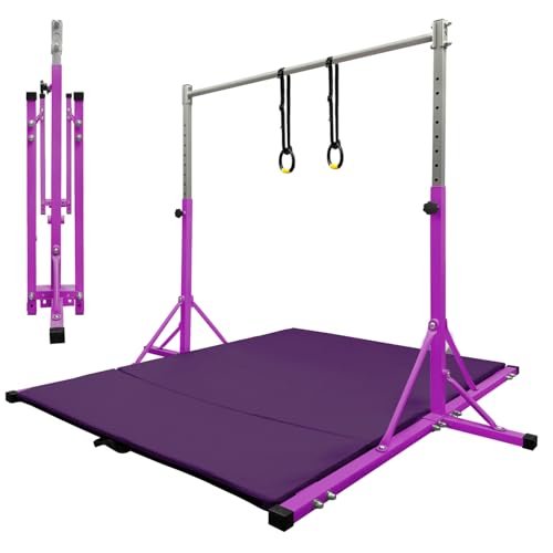 Gymnastics Bar for Kids Girls Ages 3-15 with Ring for Home Indoor Training Equipment- Steady Steel Construction, Anti-Slip, Easy to Assemble, 3' to 5' Adjustable Height - color: PURPLE, size: 4.8FT, style: FOLDABLE BAR WITH MAT&RING