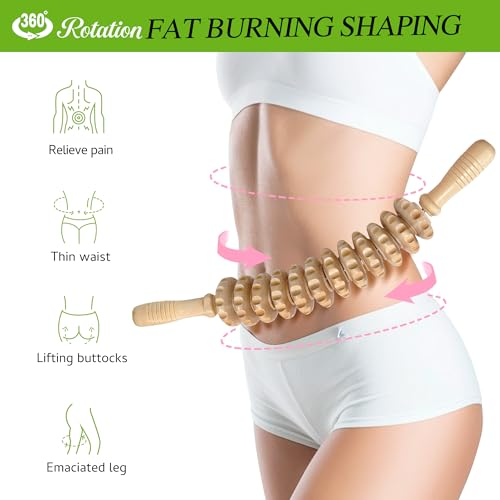 Wooden Curved Handheld Roller Stick Massager - 12 Rollers Wood Therapy Tool for Trigger Point, Fascia & Cellulite Reduction, Lymphatic Drainage, Muscle Tension Relief & Body Shaping (Wood) - color: Wood-12 Rollers
