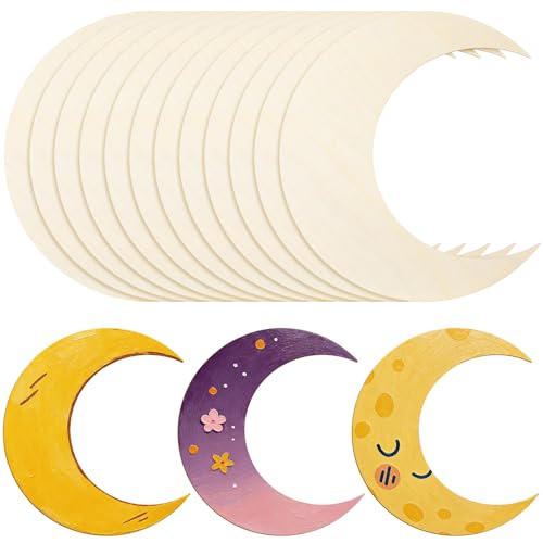 12 Pack 12 Inch Wooden Moon Cutout for Crafts Large Blank Moon Cutout Unfinished Wood Slices Summer Ornaments Door Hanger Decor for Celestial Night Sky Craft - color: Moon
