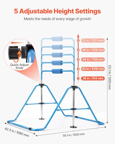 VEVOR Gymnastic Bars for Kids, 140 lbs Capacity Folding Training Kip Bar with Mat, 5 Adjustable Height Gymnastic Horizontal Bar Home, Training Equipment for Indoor Outdoor, Easy Assemble - color: Blue