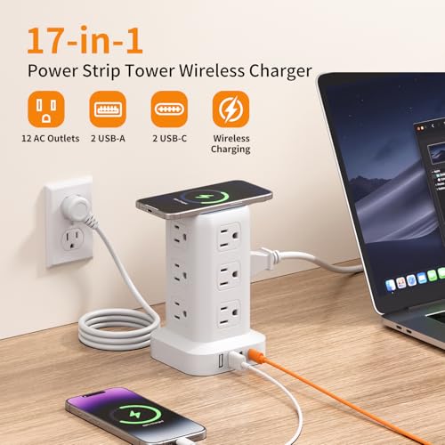 Extension Cord with Multiple Outlets, SMALLRT Power Strip Tower, Outlet Extender with 12 AC Outlets 4 USB, 6.5FT Extension Cord for Home Dorm Room, Office Supplies,Overload Protection - color: White, size: 6.5 Ft with wireless charging