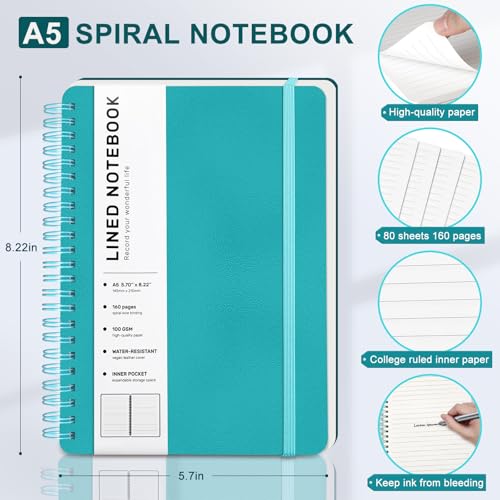 Lined Spiral Journal Notebook with 160 Pages, 8×5.7in, A5 Spiral Notebook, Journaling Notebooks for Work, School, Women, Men, College Ruled Spiral Notebook, Hardcover Leather Journals, Turquoise - color: Lake Blue, size: A5