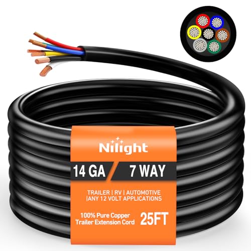 Nilight 25 Feet 7 Way Trailer Extension Cable RV Standard Wire 14 Gauge 7 Conductor 100% Pure Copper Insulated Heavy Duty Cord Weatherproof for 7 Pin Blade Truck Camper RV Automotive - color: RV Standard Trailer Cord 25FT