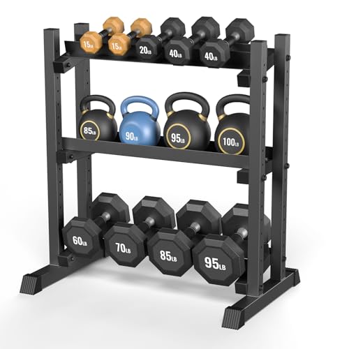 3-Tier Dumbbell Rack, 1100LBS Capacity Adjustable Weight Rack, Heavy-Duty Weight Stand for Dumbells & Kettlebells, Compact Weight Storage Organizer for Home Gym (Rack Only) - size: 18.7 x 34.7 x 36.6 inches