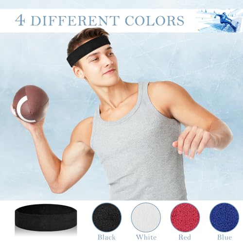 4 Pack Cotton Terry Sweat Headbands for Men Women Running Gym | 4 pack soft cotton terry headbands, Stretch 7 to 15 inches, Sweat-wicking, stays put for running, tennis, basketball & yoga - color: Black/Red/White/Blue