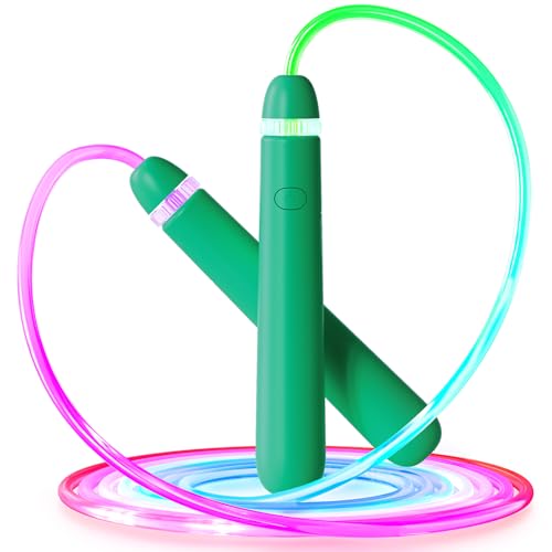 LED Jump Rope for Kids, Glow in The Dark Fun Fitness Gift | Rechargeable, 180-day battery, 9.2ft for ages 6+, colorful LED modes, birthday gift, outdoor fun - color: Green