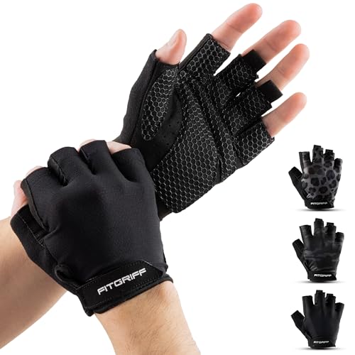 Fitgriff® Workout Gloves (Padded) for Men & Women - Fingerless Gym Gloves for Weight Lifting, Training - Full Palm Protection - color: Black, size: 10