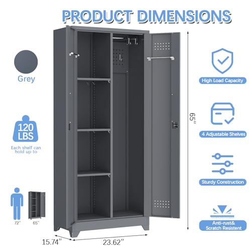 IRONFFICE Tall Storage Cabinet with Doors,Metal Garage Cabinet and Storage,Lockable Utility Closet Cabinets with Pegboard for Basement,Laundry Room,Grey - size: 15.74"D x 23.62"W x 65"H-Grey