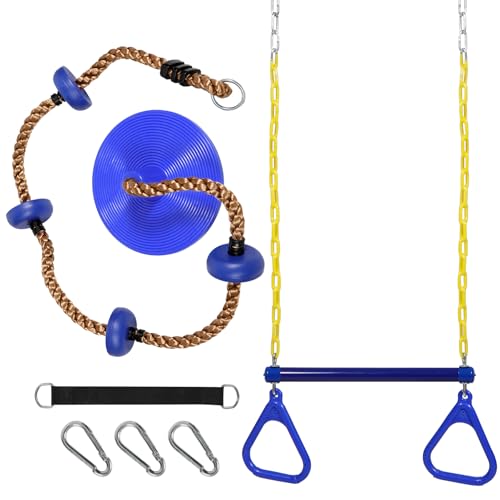 RedSwing Kids Swingset Bundle,Trapeze Swing Bar and Climbing Rope Swing, Kids Swingset Heavy Duty Coated Chains with Carabiners, Outdoor Play Playground Accessories, Blue - color: Blue + Blue