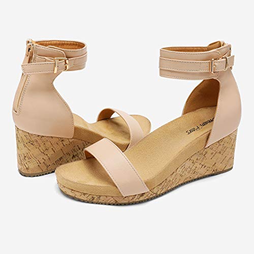 DREAM PAIRS Women's Open Toe Buckle Ankle Strap Platform Wedge Sandals Summer Shoes. - color: Nude/Pu, size: 8.5